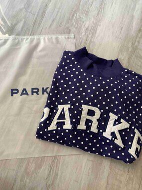 PARKE Navy Blue White Polka Dot Appliqué Mock Neck Sweatshirt